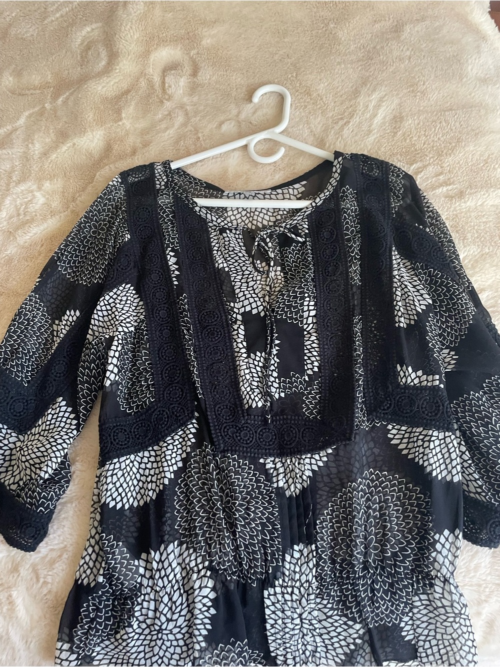 Daniel Rainn Black and White Crochet-Trim Floral Blouse